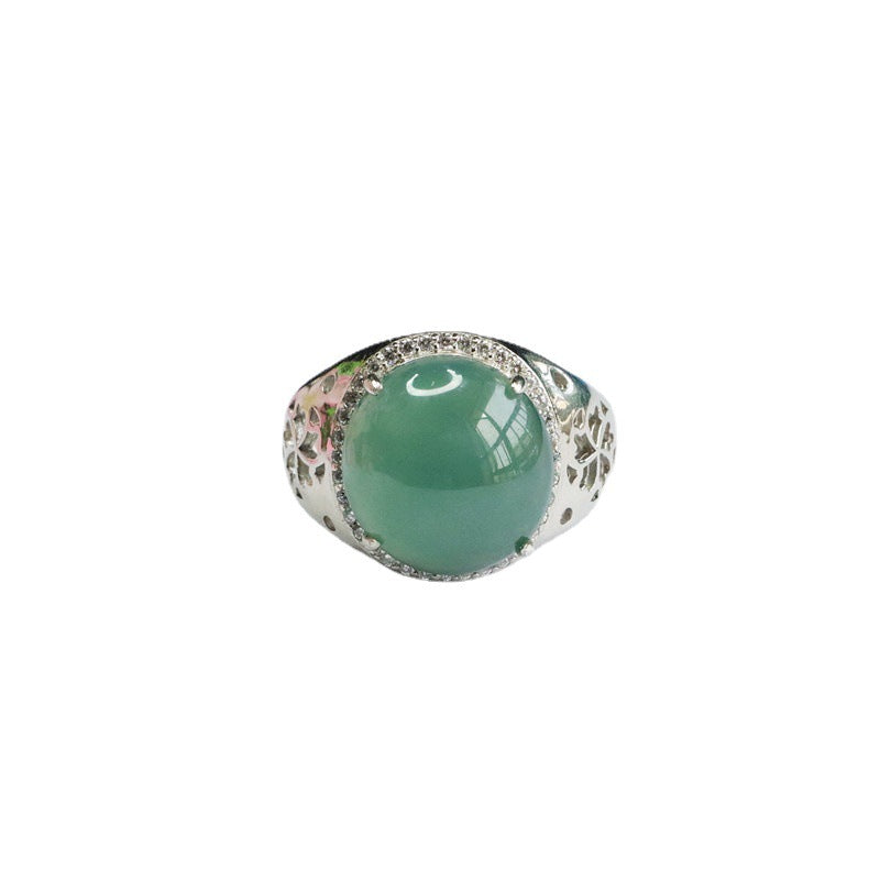 Sterling Silver Wide Ring with Natural Ice Blue Green Jade Oval Hollow Design