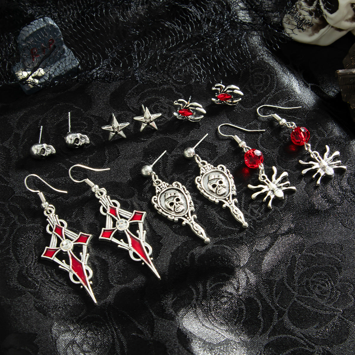Planderful Gothic Halloween Earrings Set Spider Web Bat Blood Cross With Roses For Women Vienna Verve