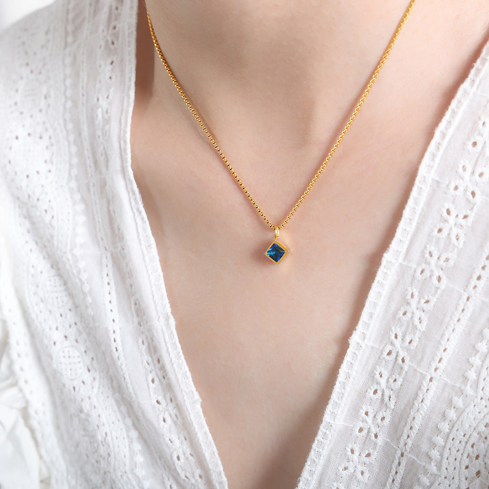 Retro Square Zircon Pendant Necklace with Titanium Steel Gemstones