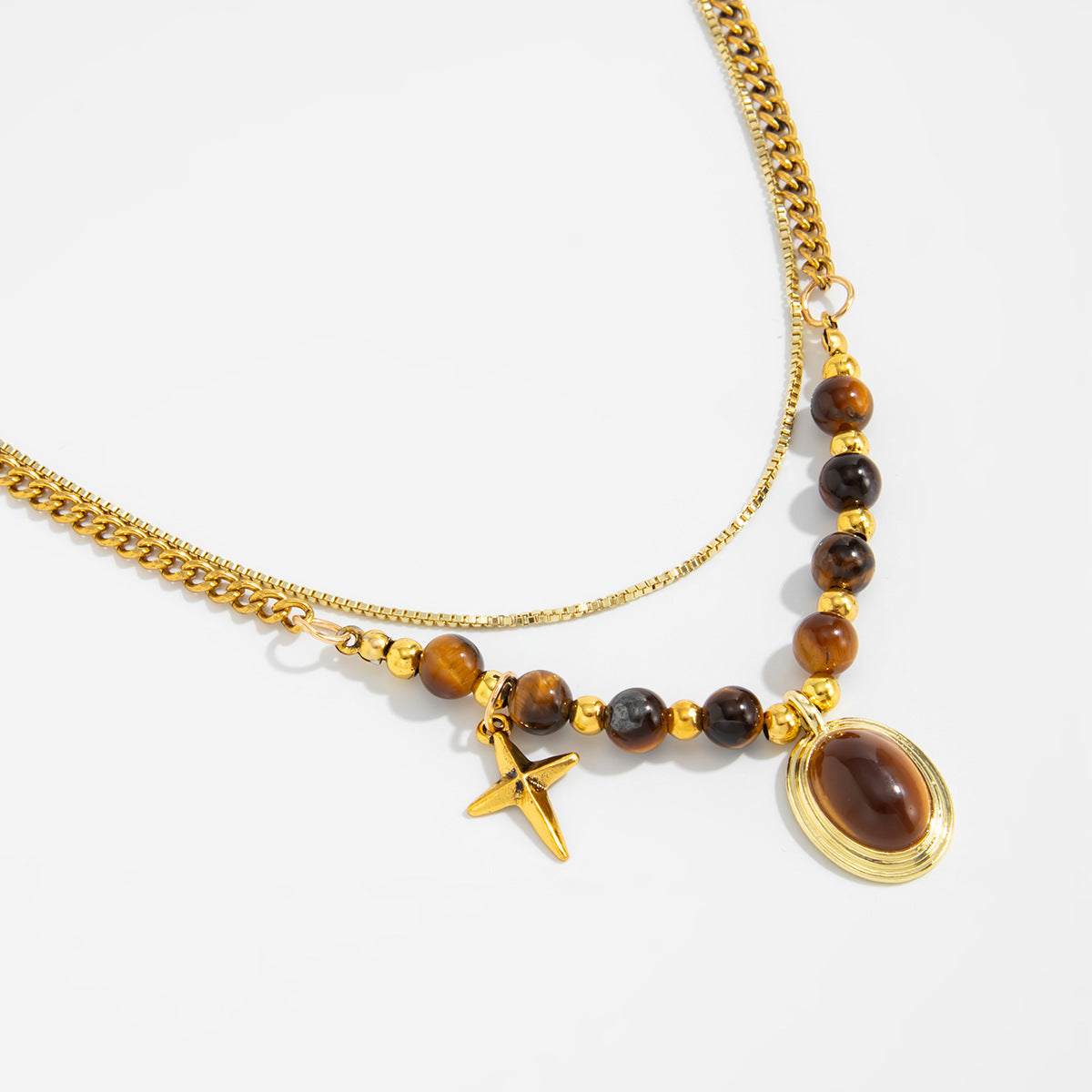 Vintage Merald-Style Tiger Stone Necklace Design With Layered Star-Shaped Sweater Chain Necklace