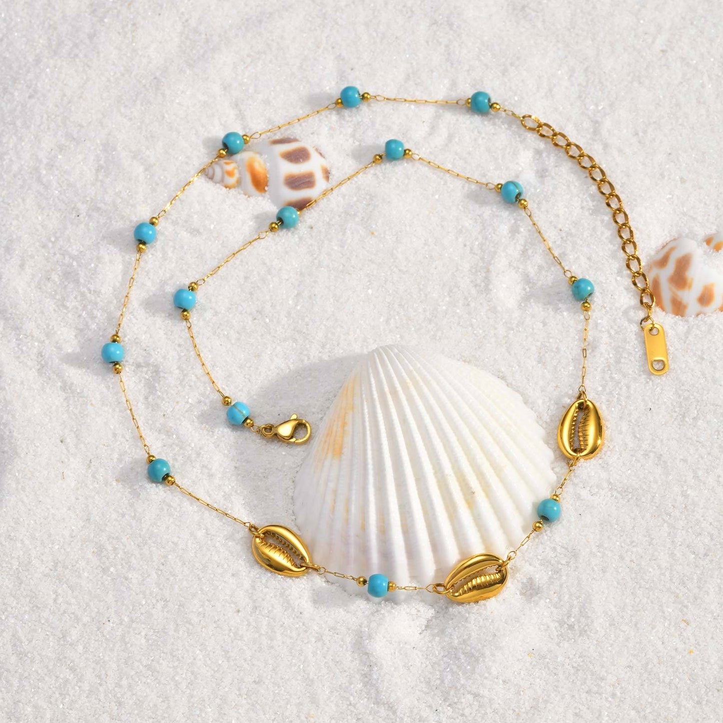 Stainless Steel Shell Turquoise Beads Stacked Women's Neck Chain Necklace