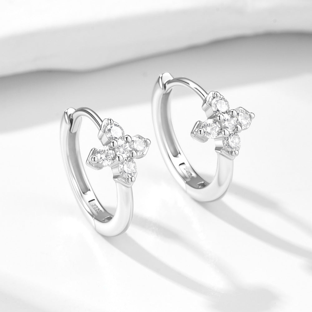 S925 Sterling Silver Plated 14k Gold Clover Ear Buckle Commuter Zircon Flower Earrings