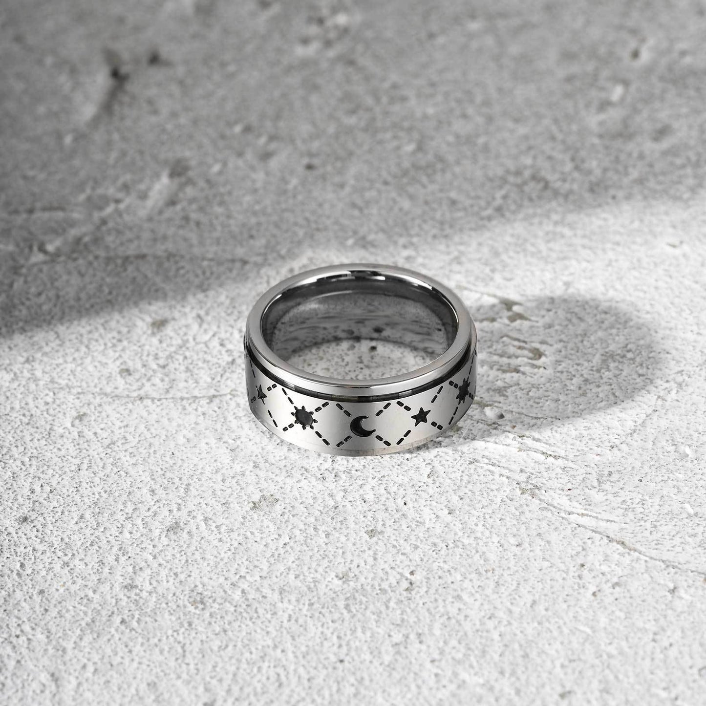 Mens Trend Stainless Steel Sun Moon Rotating Ring Jewelry