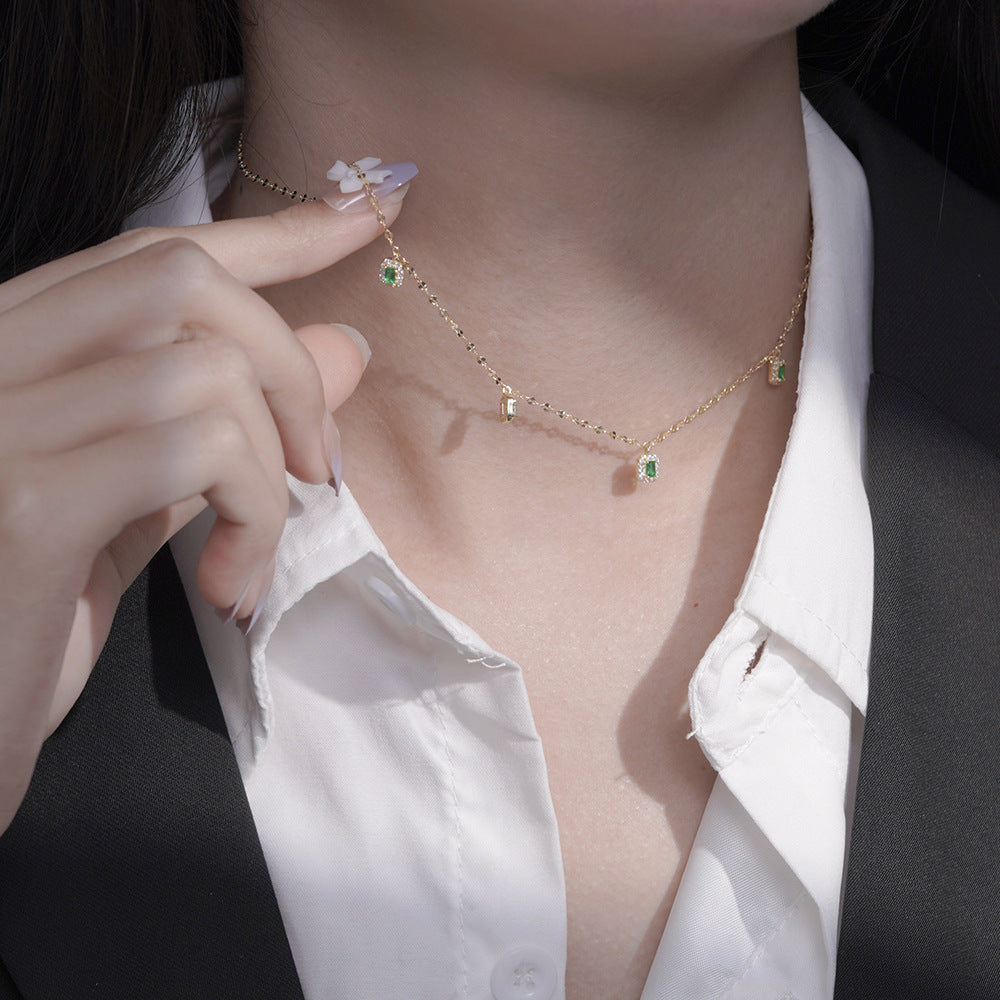 Sterling Silver Collarbone Chain Emerald Zircon Necklace Women