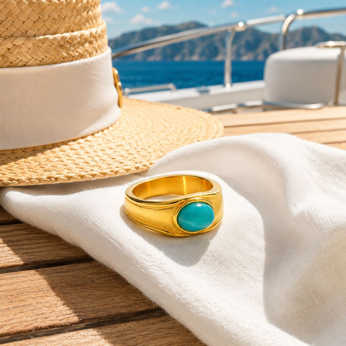 Stainless Steel Oval Egg Surface Tianhe Stone Ring Gold