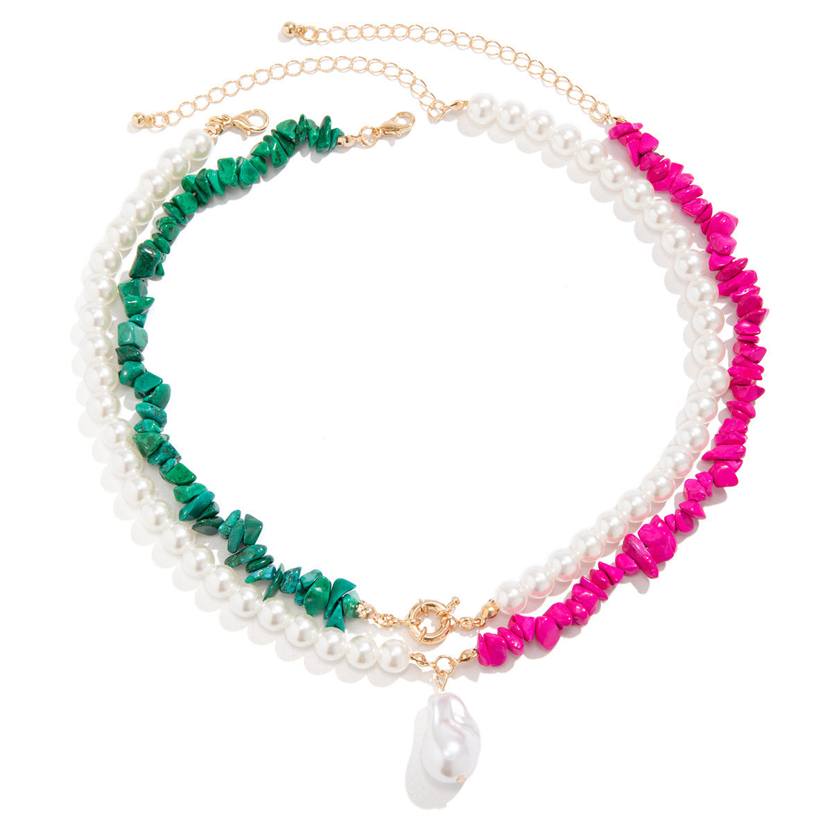 Retro Turquoise and Imitation Pearl Necklace with French Charm