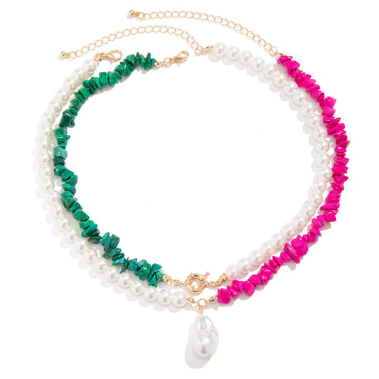 Retro Turquoise and Imitation Pearl Necklace with French Charm