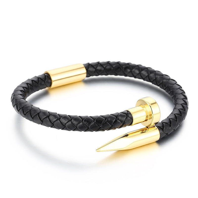 Cowhide Woven Stainless Steel Nail Bracelet – Men's Magnetic Buckle Leather Bracelet