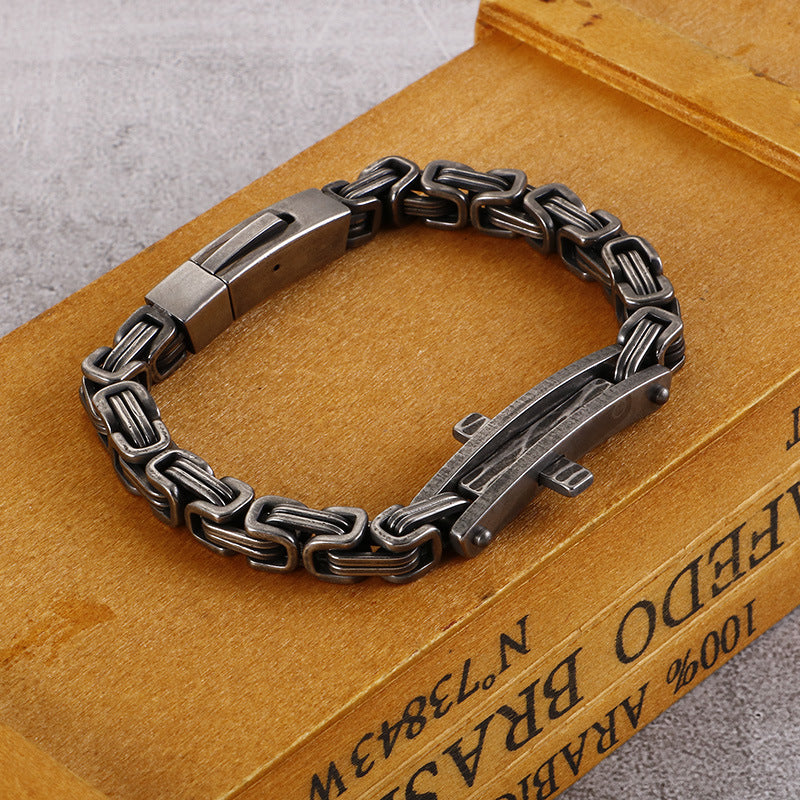 Vintage-Inspired Men's Bracelet with Curved Cross Design in Titanium Steel for the Modern Hipster