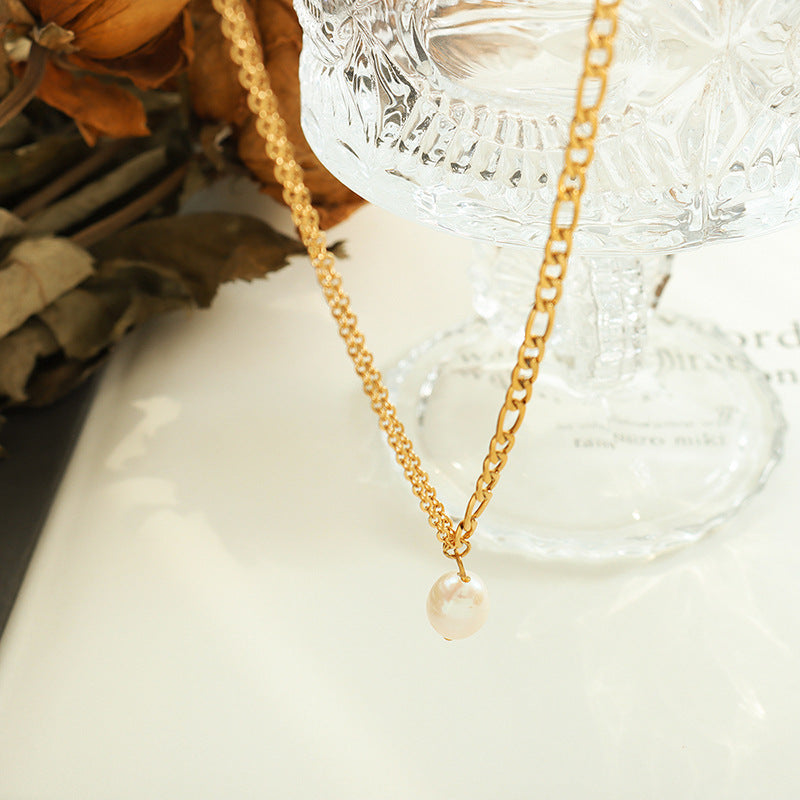 Spicy Girl Freshwater Pearl Necklace with Double Chain - Elegant 18K Gold-Plated Collarbone Neckchain