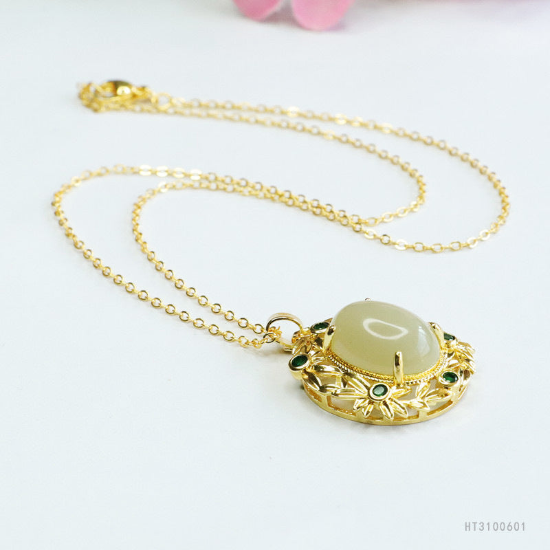 Hetian Jade Oval Green-Zircon Pendant — No Chain
