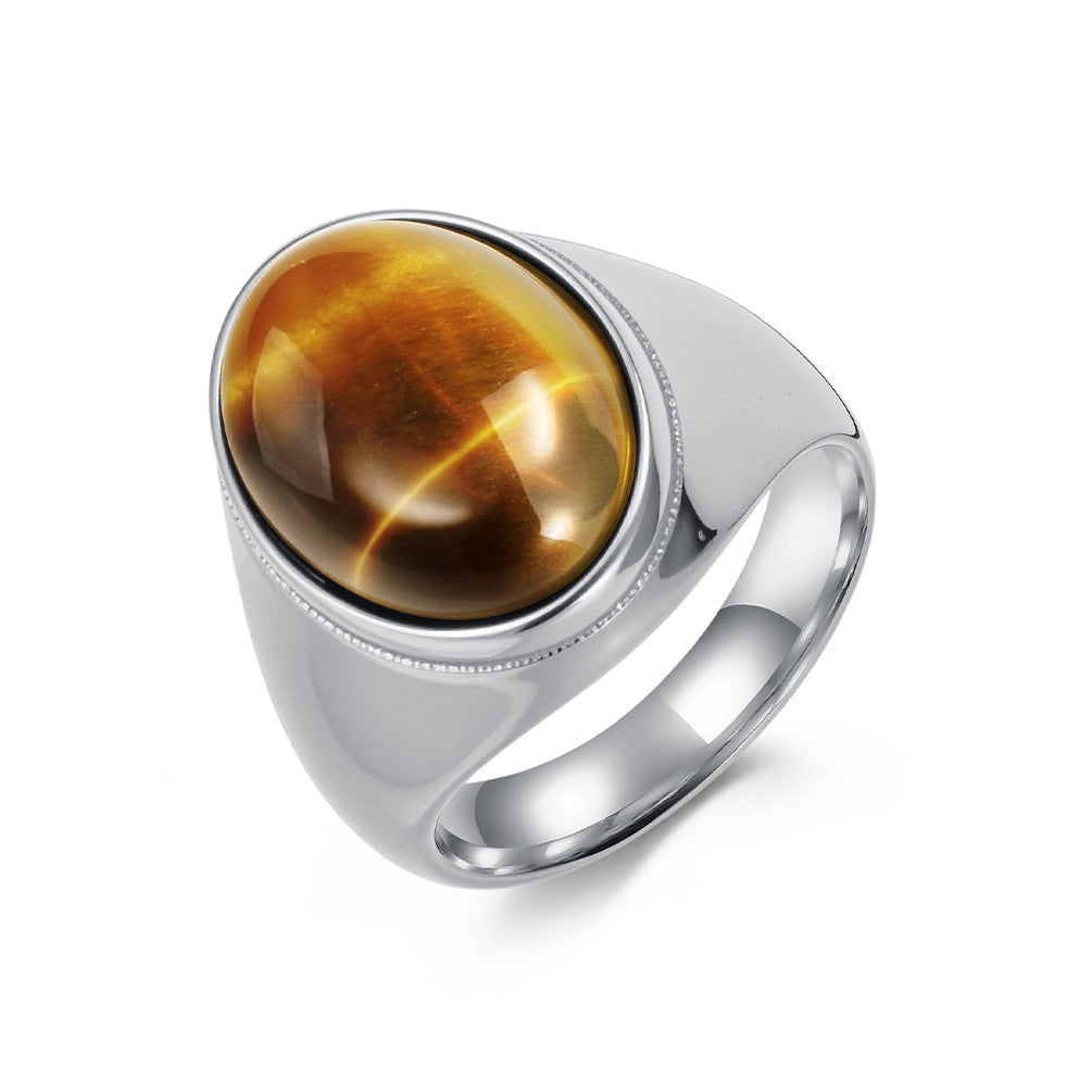 Planderful Tiger Eye Ring Titanium Steel Inlaid Natural Stone For Men Index Finger Jewelry Trendy Luxury