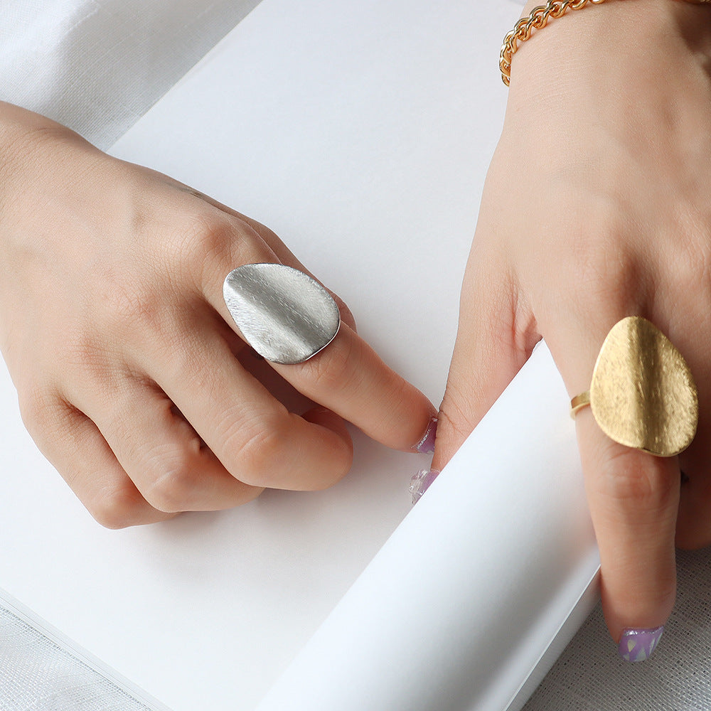 French Exaggerated Brushed Matte Titanium Steel Ring for Women with Unique Shape and Style