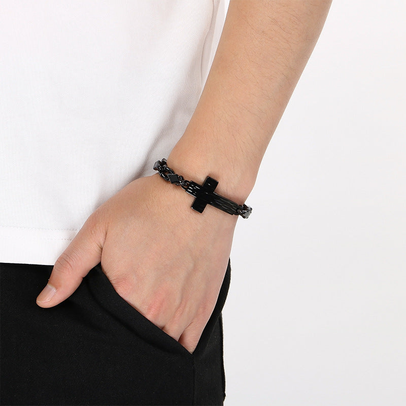 American Titanium Steel – Hammer Cross Texture Stainless Steel Men's Bracelet