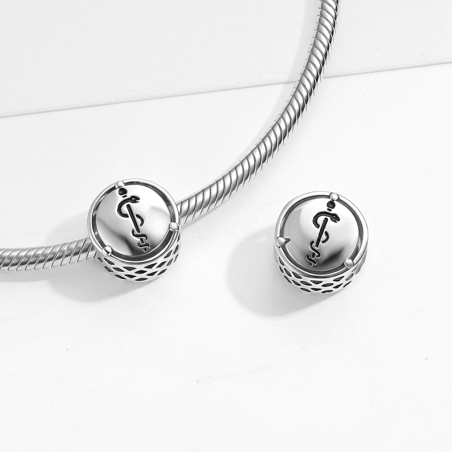 Planderful Jewelry Sterling Silver Beaded Pendant Bracelet Featuring Rod of Asclepius Medical Symbol