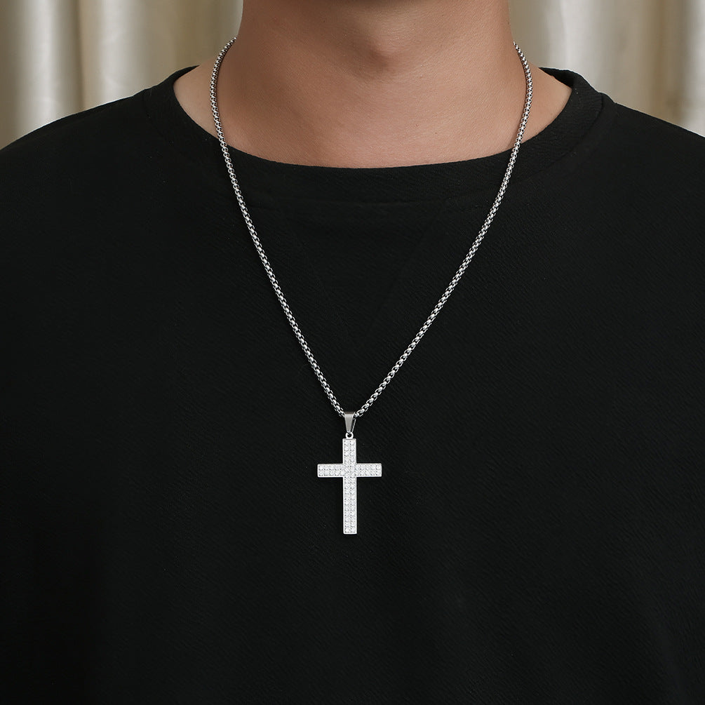 Planderful Cross Necklace Titanium Steel Zircon Inlaid Luxe Pendant For Urban Hip Hop Fans