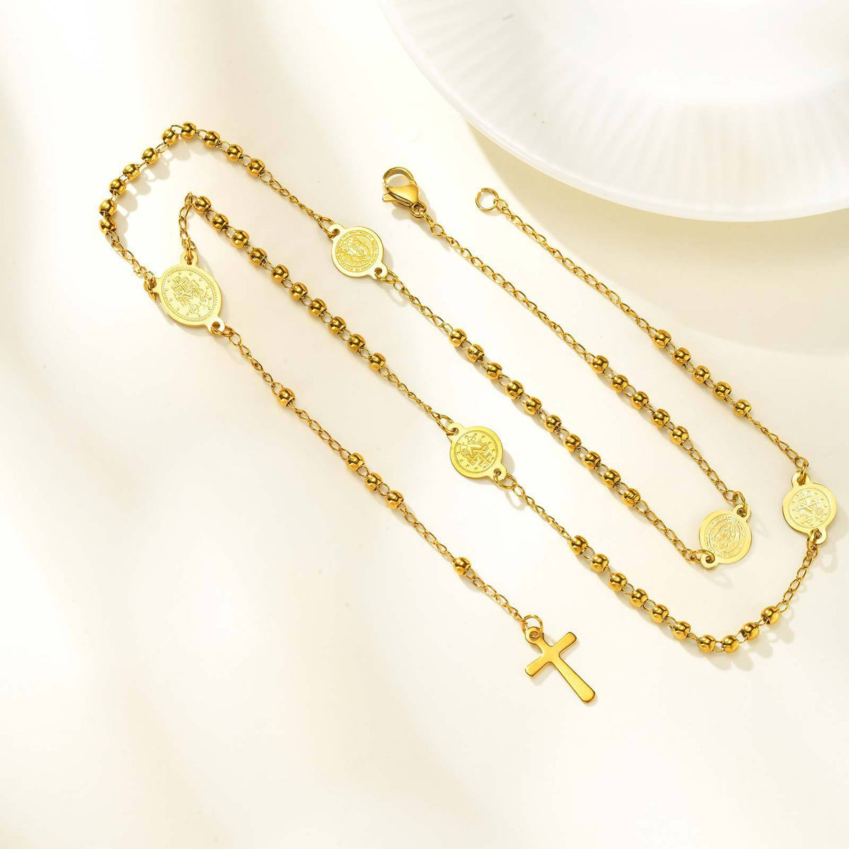 Gold Rosary-Style Y Necklace with Cross