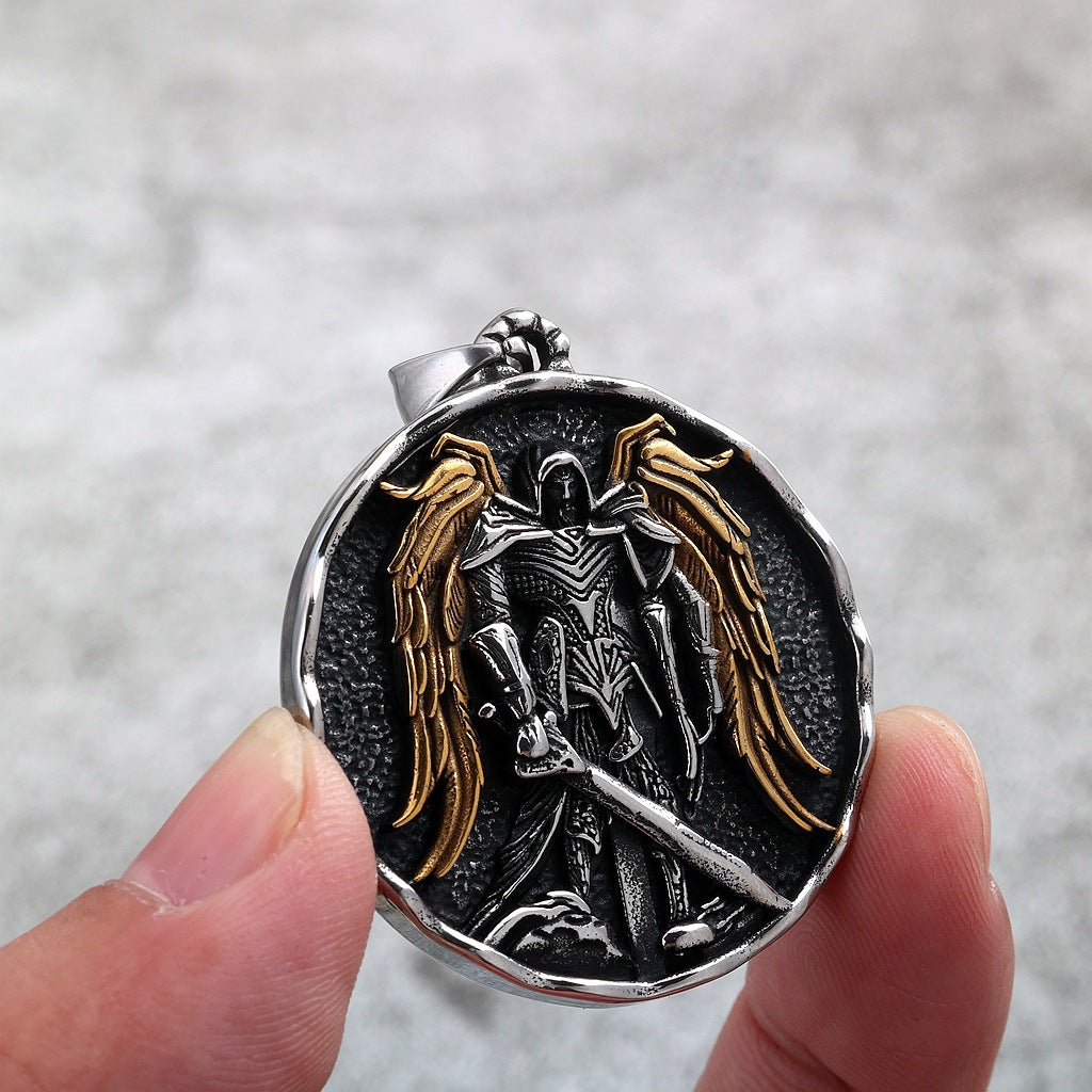 Vintage St. Michael Angel Stainless Steel Men's Pendant Necklace