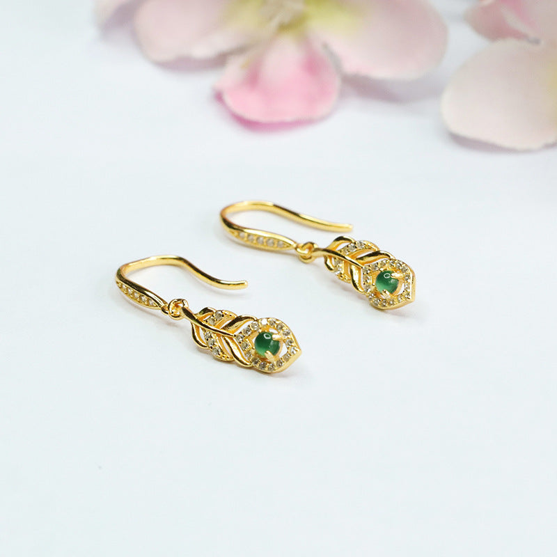 Icy Green Jadeite Leaf 925 Silver Hook Earrings