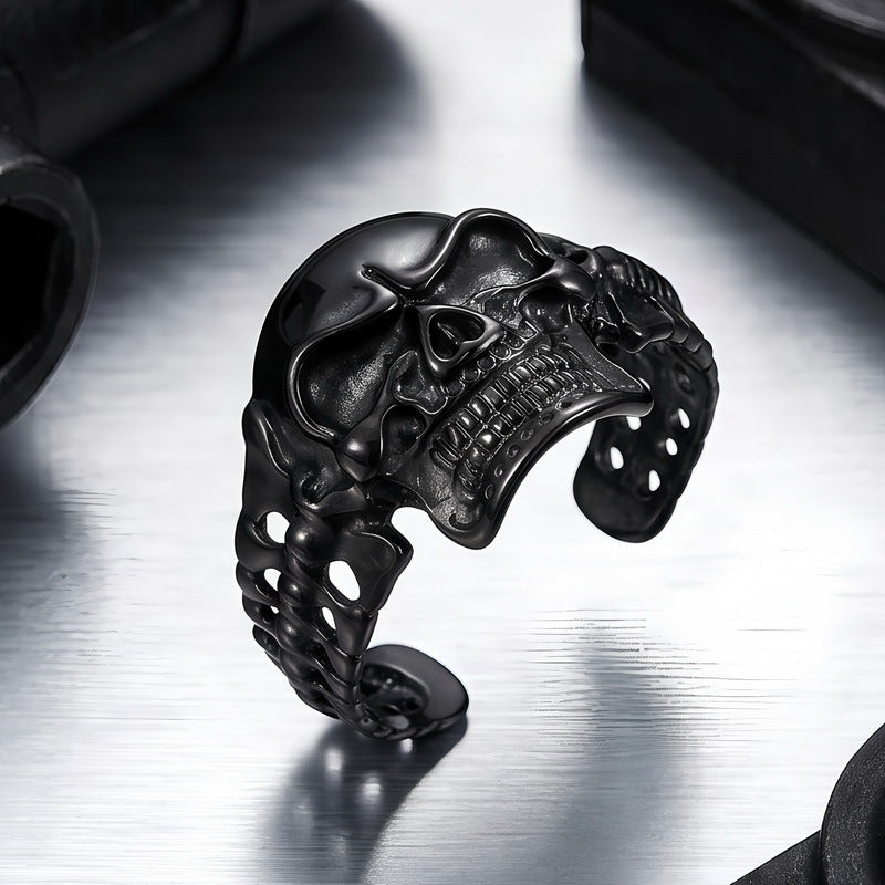 Punk Casting Three-Dimensional Skull Joint Titanium Steel Opening Bracelet Men's Dark