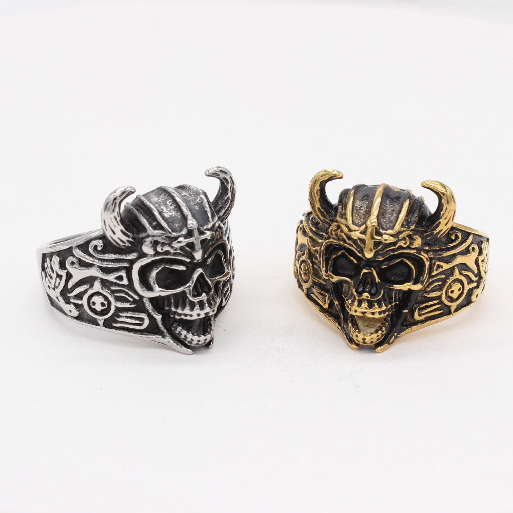 Titanium Steel Horned Skull Ring