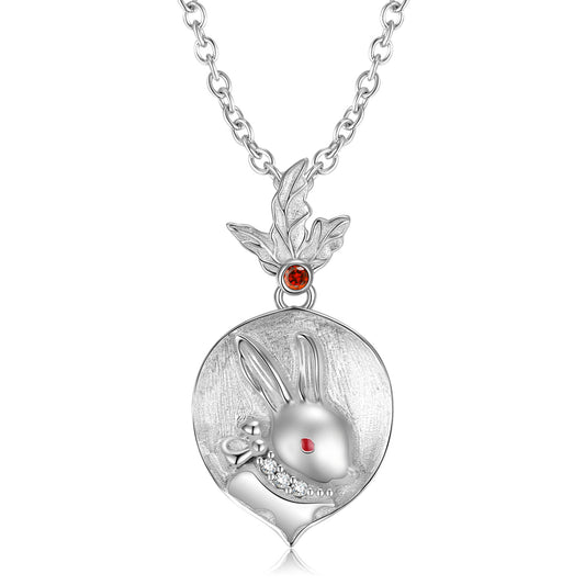Radish Pendant with Rabbit Embossed Sandblasting Silver Necklace