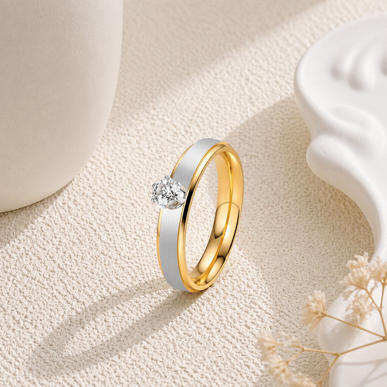 Stainless Steel Zircon Ring Two Tone Gold And Silver Elegant Unisex Couple Jewelry By Planderful Everyday Genie
