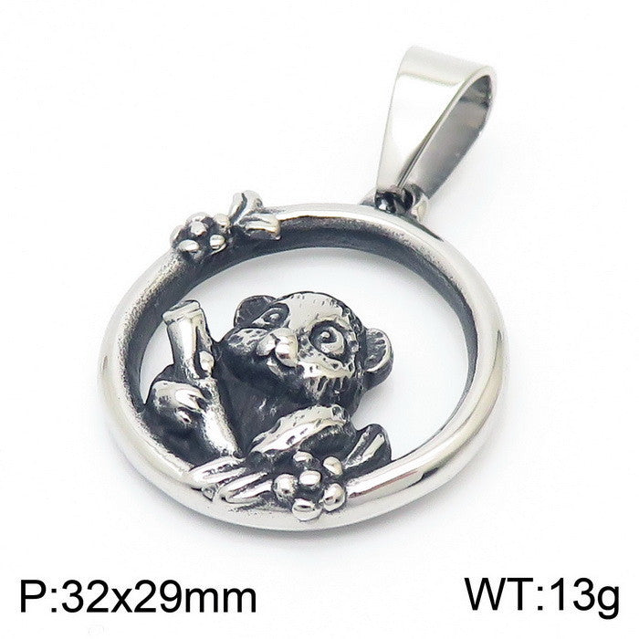 Creative Circle Hollow Red Panda Pendant in Titanium Steel for Men