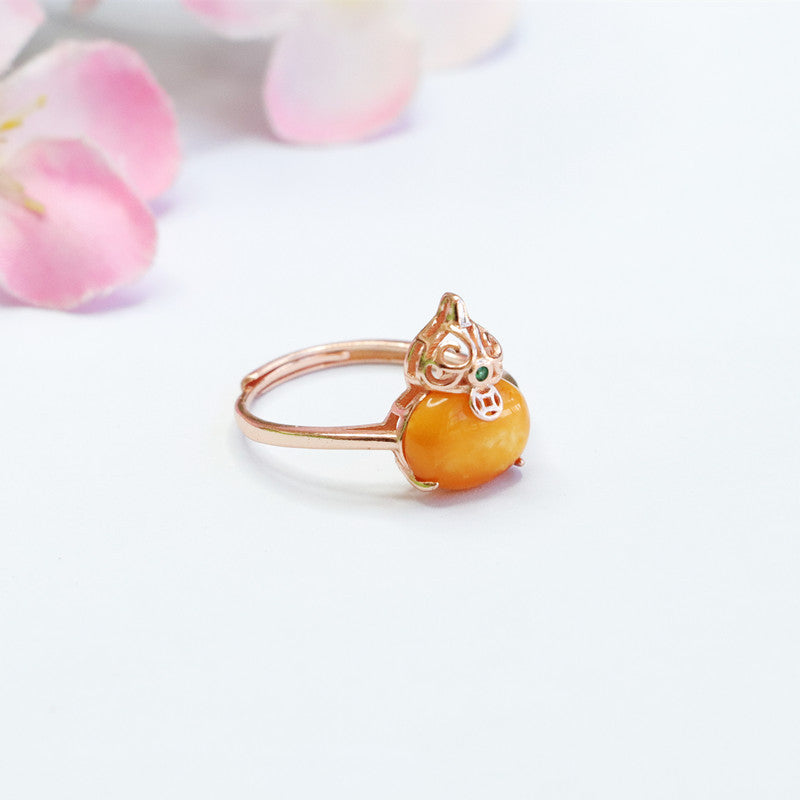Hollow Gourd Ring Crafted from 925 Sterling Silver and Beeswax Amber