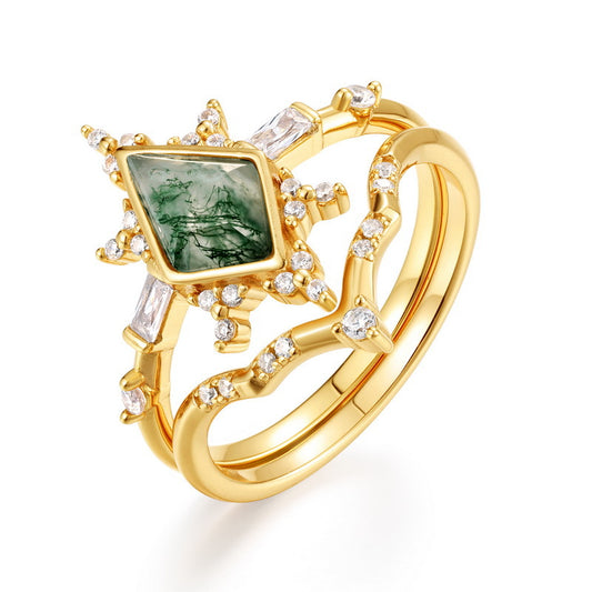 Planderful Jewelry Green Moss Agate Ring In Sterling Silver With Gold Plating For Everyday Elegance