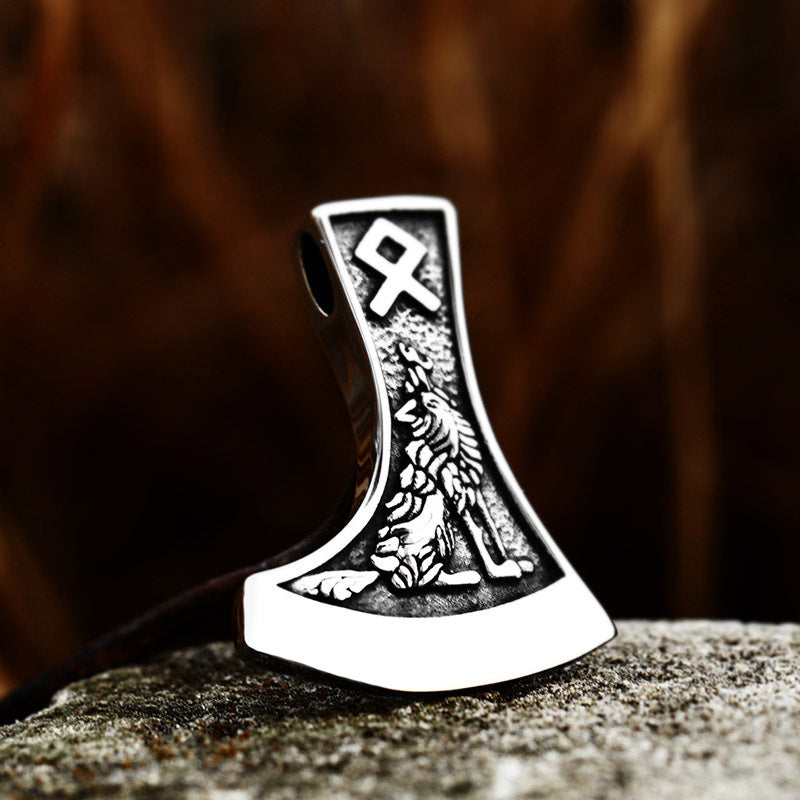 Titanium Steel Odin Pendant with Viking Axe and Wolf Motif - Retro European American Style Accessories for Men