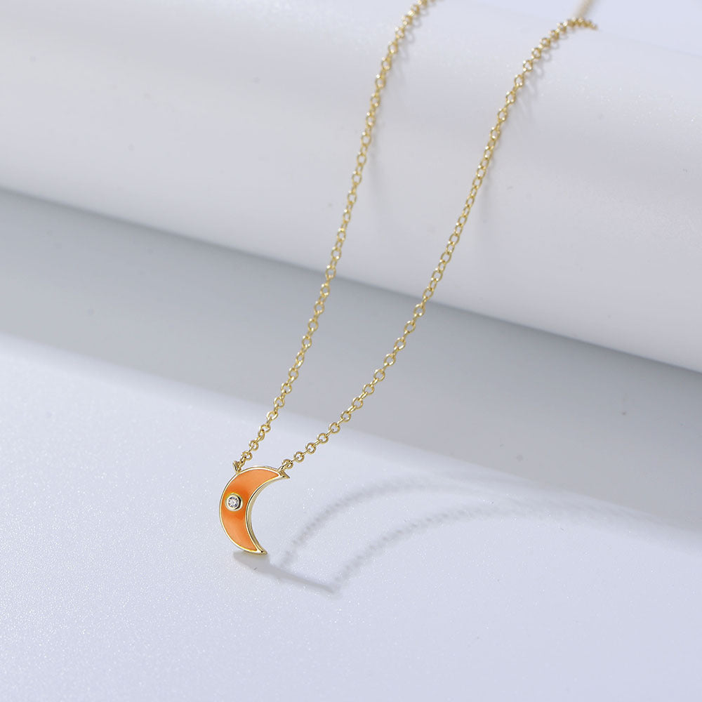 S925 Sterling Silver Women Inlaid Zircon Cold Wind Necklace Epoxy Moon