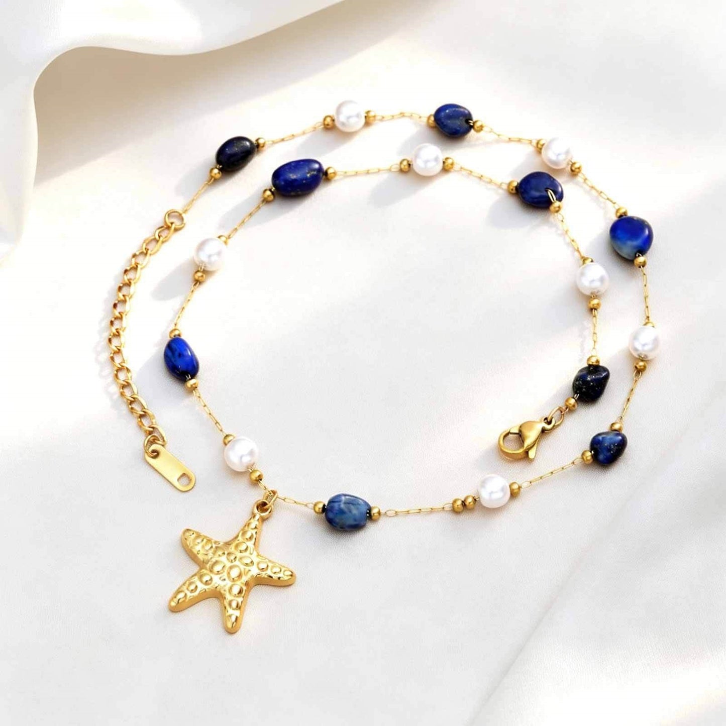 Stainless Steel Lapis Lazuli Imitation Pearl Polka Dot Starfish Low-Key Necklace