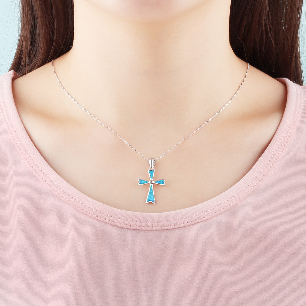 Planderful Jewelry Opal Cross Necklace Sterling Silver