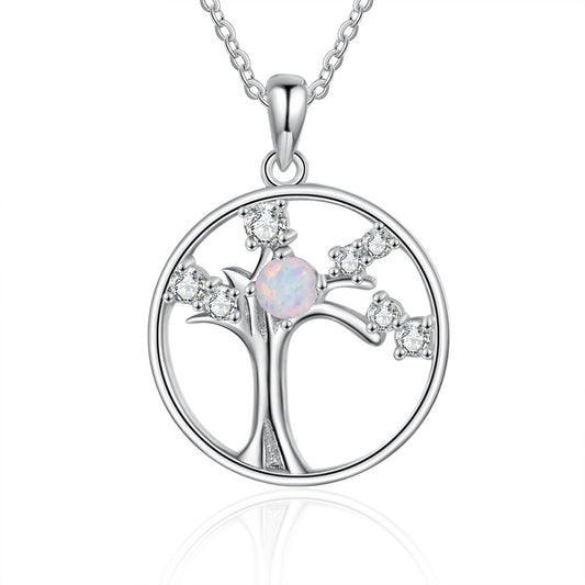 Round Opal Zircon Life Tree Circle Sterling Silver Necklace