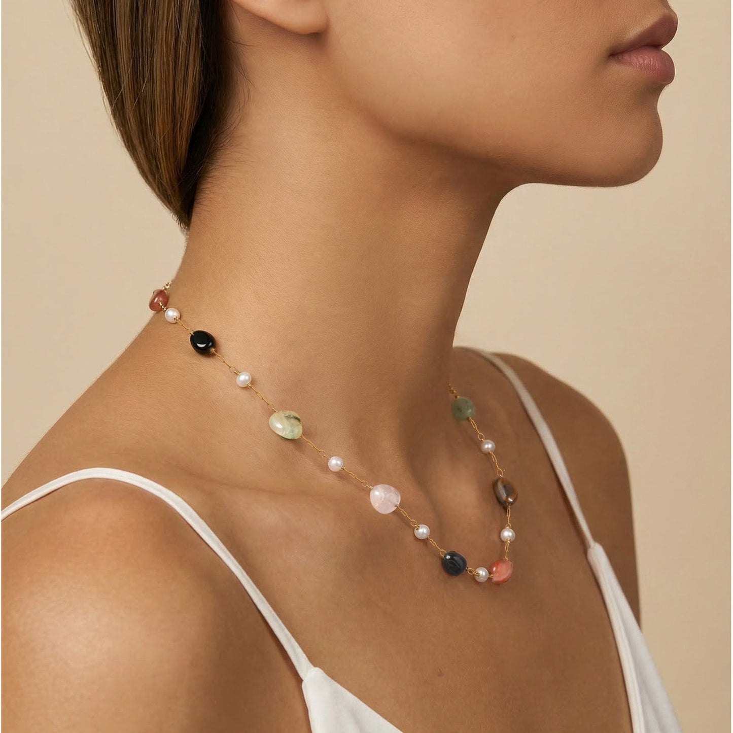 Stainless Steel Imitation Pearl Natural Stone Bead Spacer Elegant Collarbone Chain Necklace