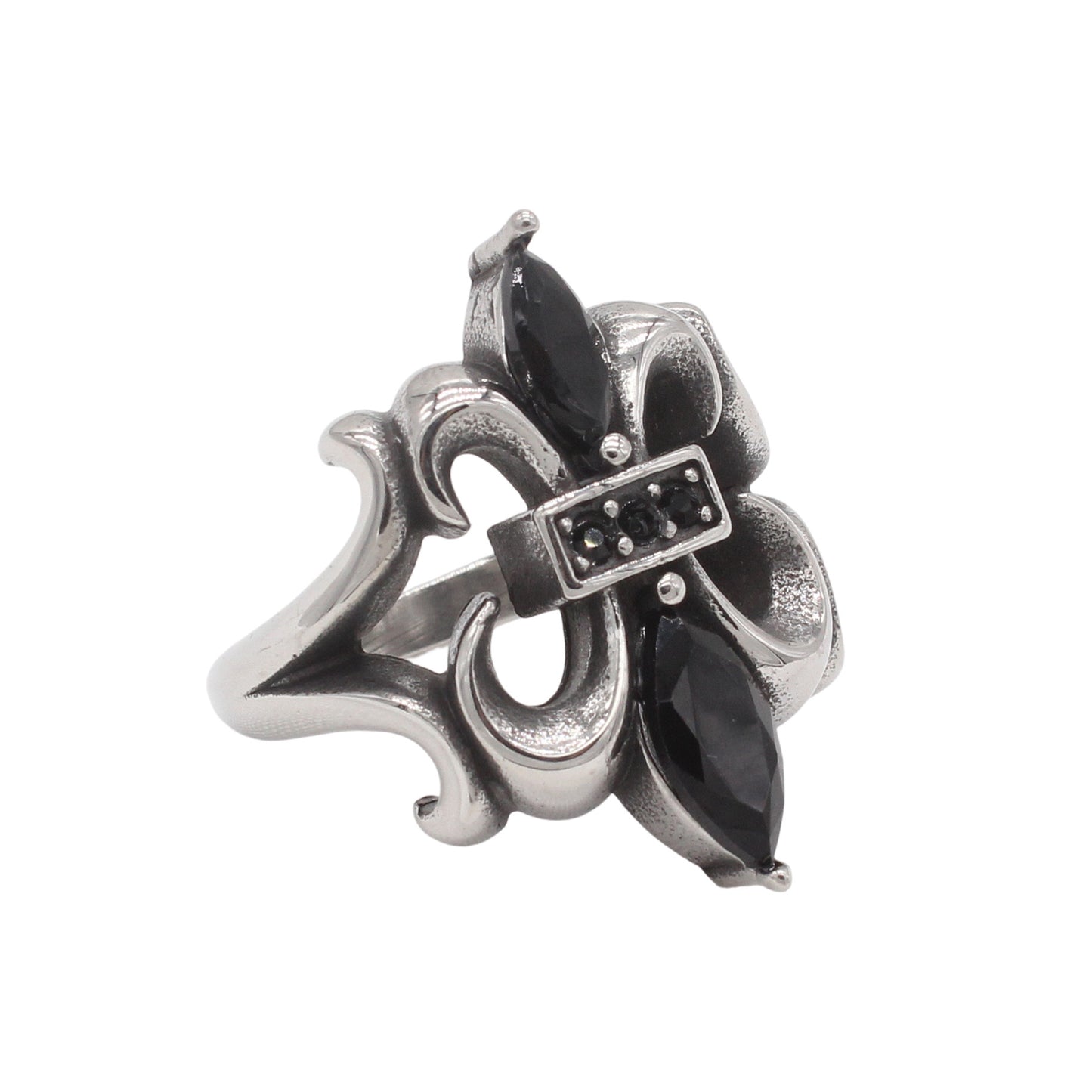 Planderful Unisex Cross Flower Ring Titanium Steel With Black Zircon Bold Protection Statement