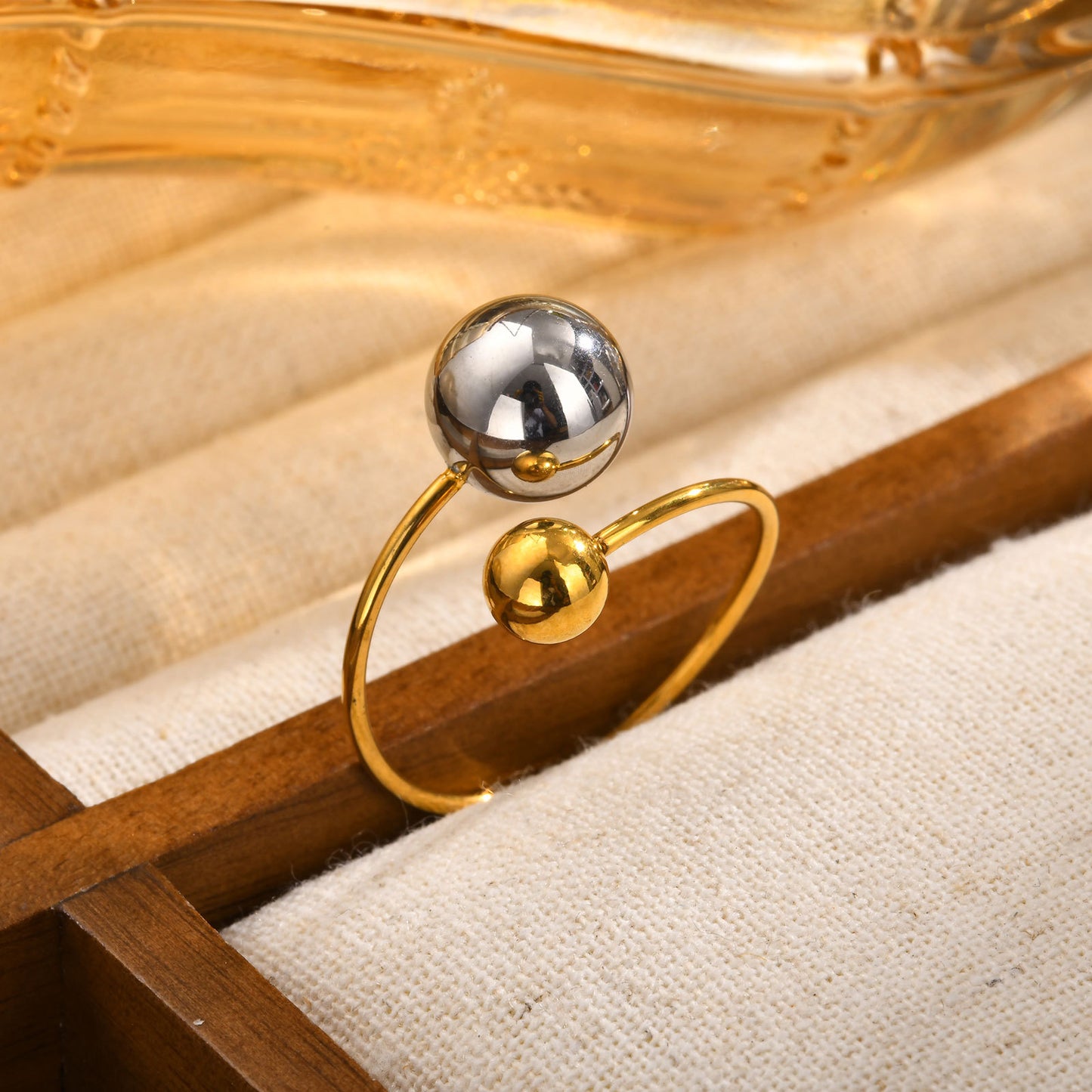 Stainless Steel Ball Adjustable Ring Gold Women's Fashion Jewelry