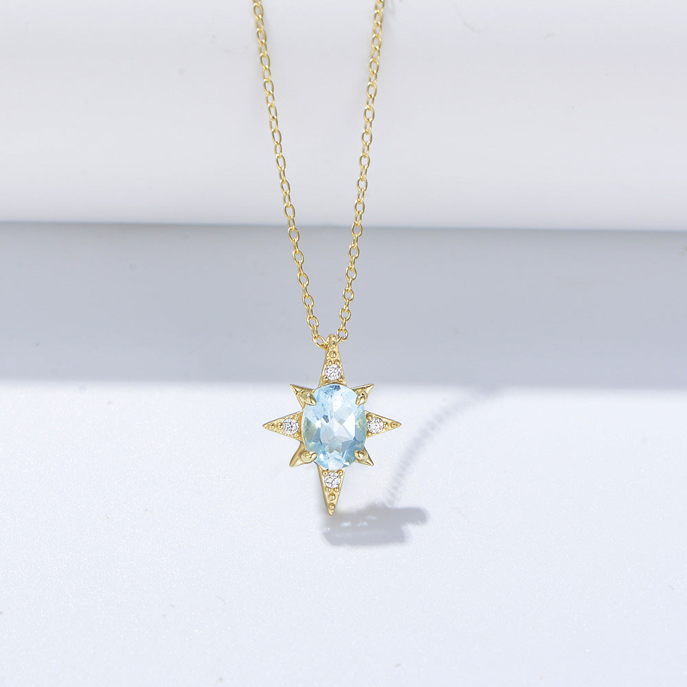 S925 Sterling Silver Eight-Pointed Star Pendant, Japanese Minimalist Sky Blue Natural Topaz Necklace Trendy
