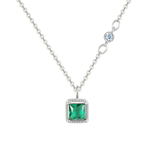 Princess Cut Green Zircon Pendant Sterling Silver Necklace