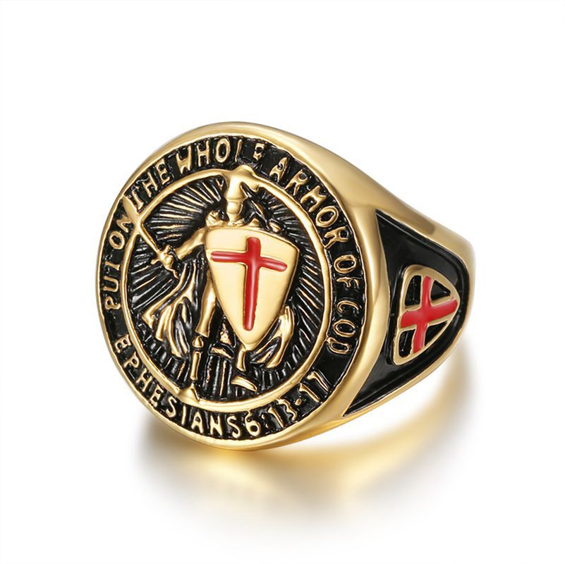 Planderful Everyday Genie Titanium Steel Gold Plated Ring Red Cross Shield For Men Hip Hop Style