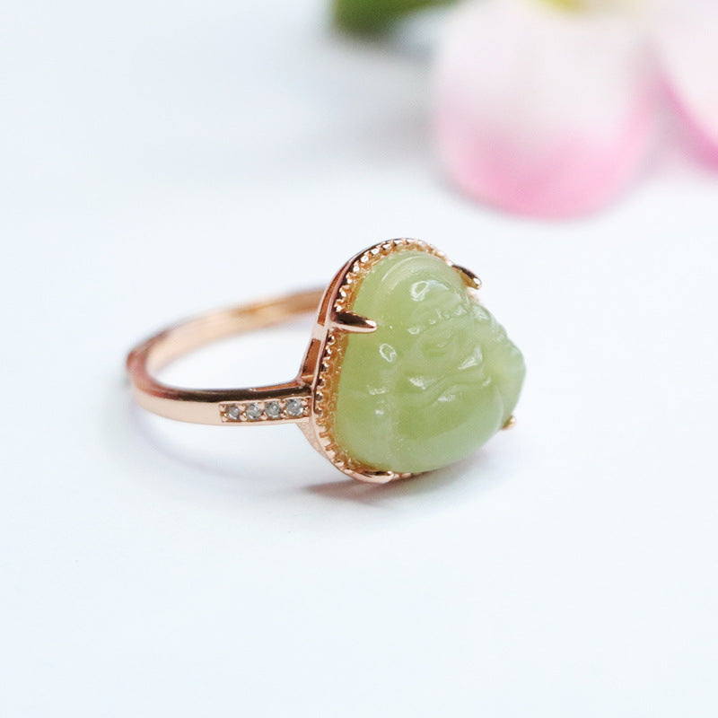 925 Sterling Silver Hetian Jade Buddha Ring