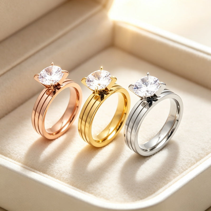 Four-Claw Zircon Double-Groove Ring, Fashionable Stainless Steel Couple Marriage Proposal, Women's