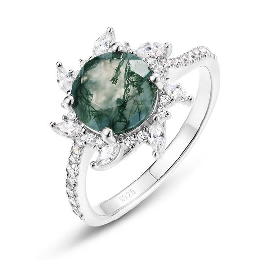 Planderful Jewelry Sterling Silver Green Moss Agate Ring For Women With Sun Design Statement