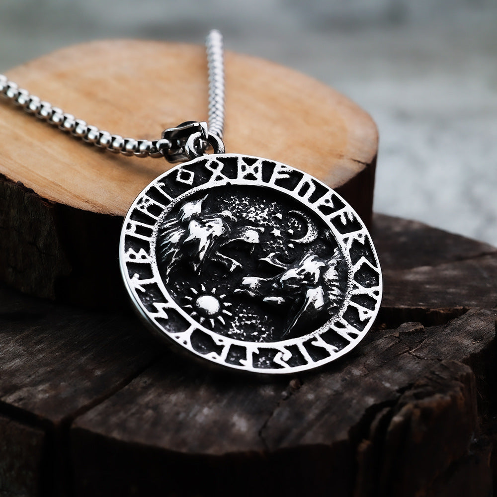 Nordic Vintage Stainless Steel Men's Viking Double Wolf Necklace