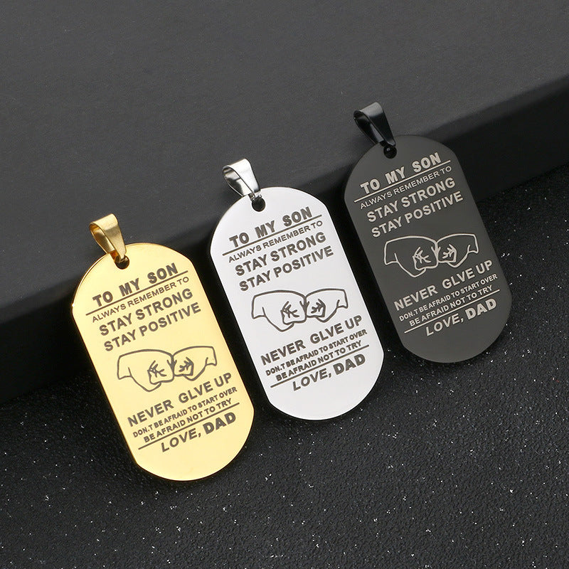 Popular Laser Stainless Steel To My Son English Letters Father'S Day Military Pendant Necklace