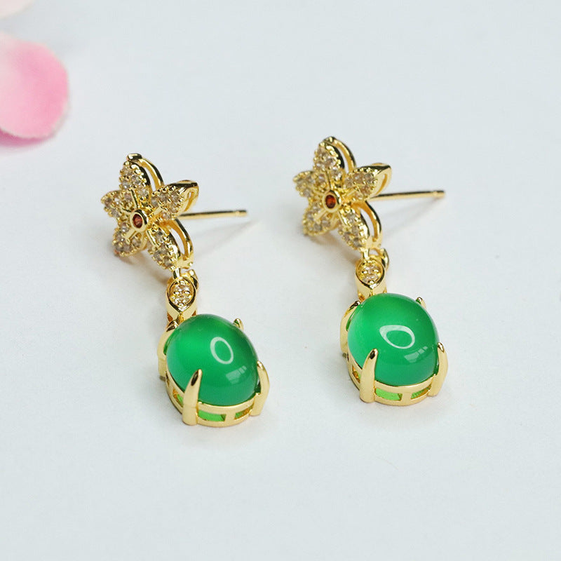 Golden Flower Earrings with Silver Hook featuring Green Chalcedony and Red Agate