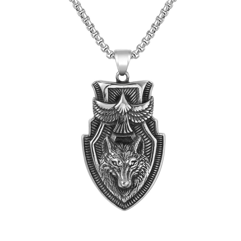 Planderful Titanium Steel Pendant Unisex Shield With Retro Eagle Wolf Design Bold Protection Jewelry
