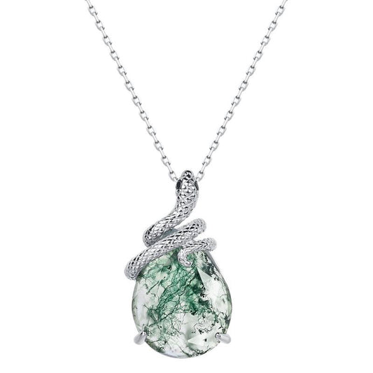 S925 Sterling Silver Moss Agate Snake Pendant Necklace