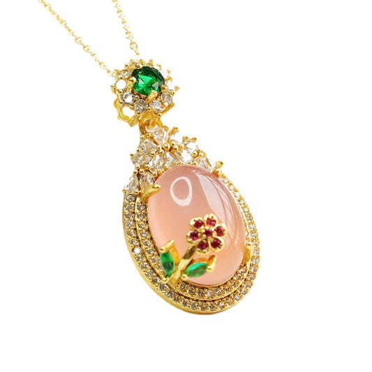 Chalcedony Flower Pendant Necklace with Zircon Accents
